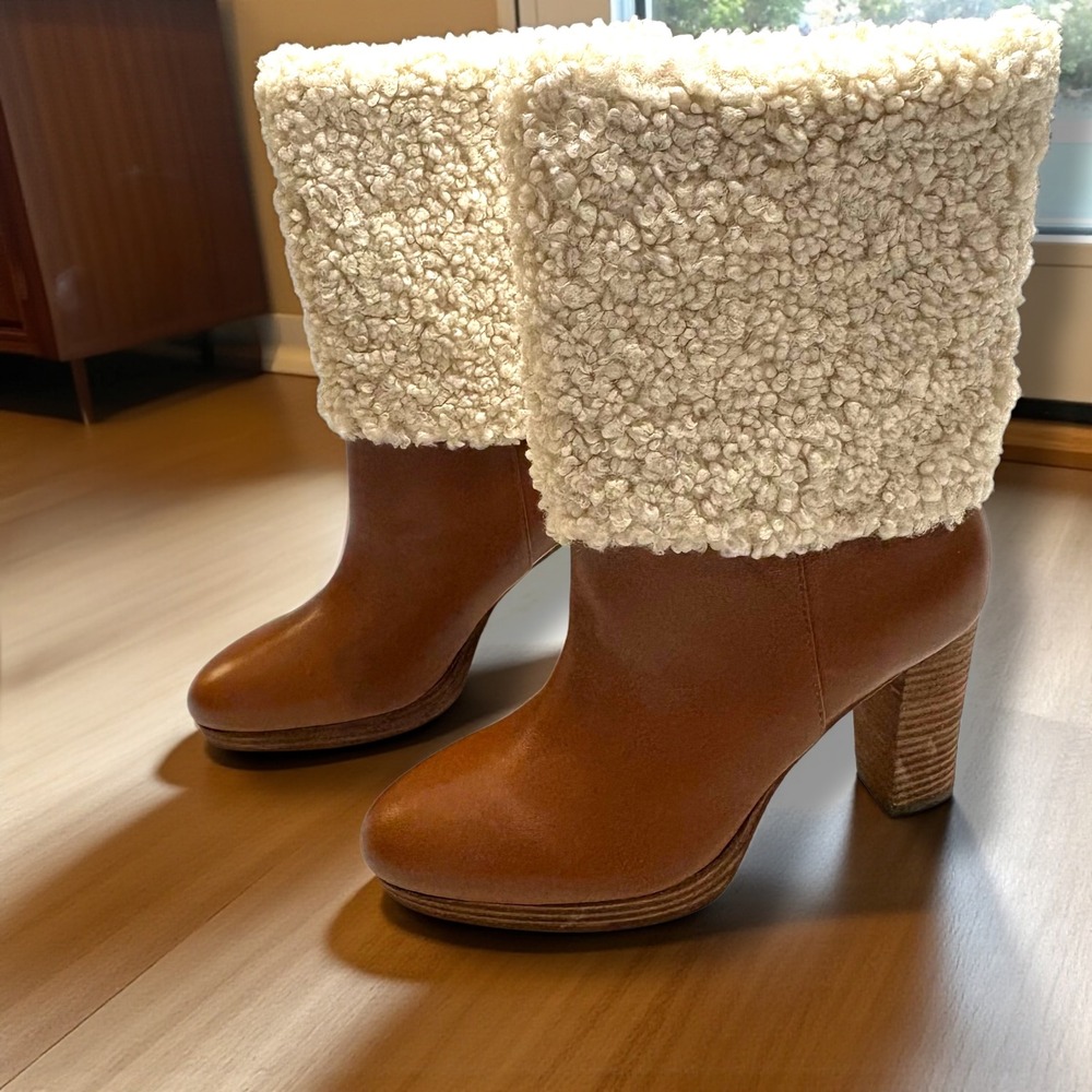 Charles‎ David Nella Brown Vegan Leather Shearling Lined Heeled Boots Size 8M